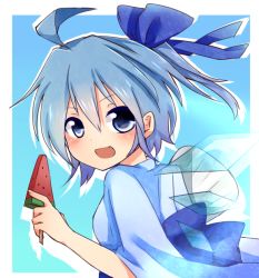 Rule 34 | 1girl, blue eyes, blue hair, blush, bow, cirno, fang, food, fruit, hair bow, matching hair/eyes, open mouth, popsicle, ribbon, solo, tosura-ayato, touhou, watermelon, watermelon bar, wings