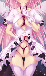 Rule 34 | 10s, 1girl, bdsm, blush, bondage, bound, breasts, choker, cleavage, cleavage cutout, cleft of venus, clothes lift, clothing cutout, collarbone, crotch rope, dress, dress lift, finger to mouth, gloves, head out of frame, highres, kaname madoka, large breasts, long hair, mahou shoujo madoka magica, mahou shoujo madoka magica (anime), maullarmaullar, pink hair, pink thighhighs, pussy juice, rope, shibari, shibari over clothes, shibari under clothes, shushing, smile, solo, spoilers, thigh gap, thighhighs, ultimate madoka, uncensored, wings