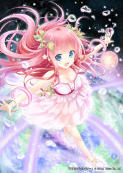 Rule 34 | 1girl, :d, akkijin, anklet, blue eyes, bracelet, dress, gaia (shinkai no valkyrie), hair ornament, happy, jewelry, leaf, long hair, lots of jewelry, official art, open mouth, original, outstretched arms, pink hair, shinkai no valkyrie, smile, solo, spread arms, water drop