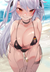 Rule 34 | 1girl, absurdres, anchor symbol, azur lane, bare arms, bare shoulders, beach, bikini, black bikini, black choker, black ribbon, breasts, choker, cleavage, covered erect nipples, cowboy shot, day, flag print, german flag, german flag bikini, glint, gluteal fold, grin, hair between eyes, hair ribbon, has bad revision, has downscaled revision, highres, jewelry, large breasts, leaning forward, long hair, looking at viewer, md5 mismatch, micro bikini, mole, mole on breast, multicolored eyes, multicolored hair, outdoors, pendant, prinz eugen (azur lane), prinz eugen (unfading smile) (azur lane), red eyes, red hair, resolution mismatch, ribbon, side-tie bikini bottom, silver hair, smile, solo focus, source smaller, streaked hair, string bikini, summer, swept bangs, swimsuit, teeth, thigh strap, torriet, two side up, very long hair, yellow eyes