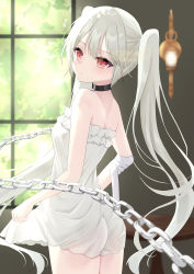 Rule 34 | 1girl, absurdres, ass, bare shoulders, bdsm, bondage, bound, chain, closed mouth, dress, grey hair, highres, indoors, murur (matsumikoru), original, red eyes, solo, twintails, window