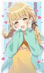 Rule 34 | 1girl, :d, black background, black ribbon, blonde hair, blue background, blush, border, braid, clothes writing, commentary request, fang, fujita kotone, gakuen idolmaster, green jacket, hair ribbon, hands on own cheeks, hands on own face, happy, head tilt, heart, highres, idolmaster, jacket, juu 10, long hair, long sleeves, looking at viewer, low twin braids, multicolored clothes, multicolored jacket, open mouth, outside border, purple jacket, ribbon, shirt, skin fang, sleeves past wrists, smile, solo, striped background, twin braids, upper body, white border, white jacket, yellow eyes, yellow shirt
