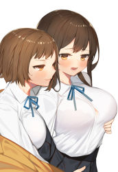 Rule 34 | absurdres, bad id, bad pixiv id, blue skirt, breasts, brown eyes, brown hair, collared shirt, fang, fang out, grin, highres, jam (nandade), large breasts, light brown hair, long hair, open mouth, original, pleated skirt, school uniform, shirt, short hair, skirt, smile, white background, white shirt