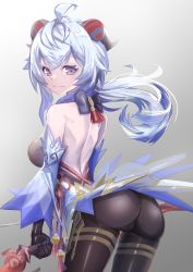 Rule 34 | 1girl, ahoge, artist request, ass, bare shoulders, blue hair, blush, bodysuit, bow (weapon), breasts, detached sleeves, from behind, ganyu (genshin impact), genshin impact, gloves, highres, horns, large breasts, leotard, long hair, looking at viewer, pantyhose, purple eyes, shiny clothes, shiny skin, sideboob, solo, very long hair, waist cape, weapon
