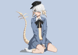 Rule 34 | 1girl, absurdres, au ra, between legs, black bow, black bowtie, black hat, blazer, blue background, blue eyes, blue jacket, blue skirt, bow, bowtie, chinese commentary, closed mouth, collared shirt, commentary request, emielofatlas, final fantasy, final fantasy xiv, food in mouth, full body, hair over one eye, hand between legs, hat, highres, jacket, long sleeves, looking at viewer, no shoes, open clothes, open jacket, pleated skirt, scales, school uniform, shirt, short hair, simple background, skirt, socks, solo, sweater, tail, warrior of light (ff14), white hair, white socks, yellow sweater