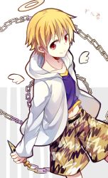 Rule 34 | 1boy, blonde hair, chain, child gilgamesh (fate), closed mouth, enkidu (weapon) (fate), fate/stay night, fate (series), gilgamesh (fate), hair between eyes, hood, hoodie, looking at viewer, male focus, navel, open clothes, open hoodie, red eyes, shorts, smile, solo, yimu