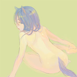 Rule 34 | 1girl, ame yamori, animal ears, back, black hair, lowres, nude, sitting, solo, tail