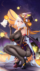 Rule 34 | 1girl, :p, bare shoulders, between legs, black footwear, blush, bodysuit, breasts, bridal gauntlets, brown bodysuit, checkered floor, demon tail, demon wings, full body, ghost, hair between eyes, hand between legs, hand on headwear, hat, high heels, highres, jack-o&#039;-lantern, large breasts, liu liaoliao, long hair, night, night sky, original, red eyes, sky, solo, squatting, star (symbol), tail, tongue, tongue out, twintails, very long hair, white hair, wings, witch hat