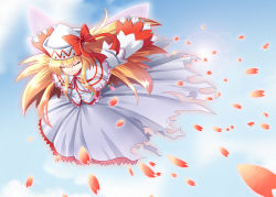 Rule 34 | 1girl, blonde hair, bow, dress, closed eyes, hat, lily white, long hair, petals, ribbon, smile, solo, torn clothes, torn dress, touhou, wings, z.o.b
