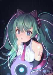 Rule 34 | 1girl, animal ear headphones, animal ears, blue eyes, blush, cable, cat ear headphones, center frills, chami (charming621), chestnut mouth, collared shirt, commentary, digital stars miku, digital stars miku (2023), elbow gloves, fake animal ears, frills, gloves, green hair, grid background, hatsune miku, headphones, jacket, looking at viewer, multicolored hair, off shoulder, open mouth, shirt, sleeveless, sleeveless shirt, solo, streaked hair, symbol-only commentary, symbol-shaped pupils, twintails, upper body, vocaloid, x-shaped pupils