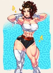 Rule 34 | 1girl, abs, absurdres, arms behind head, bandaged arm, bandaged leg, bandages, breasts, brown hair, chest sarashi, choker, elf, highres, large breasts, muscular, muscular female, orange eyes, original, pointy ears, sarashi, solo, thick thighs, thighs, topsu