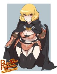 Rule 34 | 1girl, agawa ryou, artist name, bad id, bad tumblr id, black cape, black legwear, blonde hair, border, breasts, cape, cleavage, clementine (overlord), curvy, garter belt, garter straps, gauntlets, grey background, kneeling, large breasts, leaning forward, looking at viewer, navel, overlord (maruyama), red eyes, short hair, simple background, smile, solo, thighs, watermark, web address, white border, wide hips