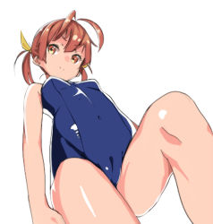 Rule 34 | 1girl, bad id, bad pixiv id, brown eyes, brown hair, cameltoe, covered navel, fenrirr, from below, one-piece swimsuit, original, school swimsuit, simple background, smile, solo, swimsuit, twintails, white background