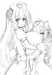 Rule 34 | 2girls, age difference, animal ears, breasts, dress, face between breasts, face to breasts, head between breasts, highres, hug, huge breasts, long hair, looking at viewer, monochrome, multiple girls, natsukusa, simple background, very long hair