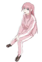 Rule 34 | 1girl, blue eyes, bocchi the rock!, brown footwear, commentary request, full body, gotoh hitori, invisible chair, jacket, long hair, long sleeves, looking at viewer, nininikal, open mouth, pants, pink hair, pink jacket, pink pants, simple background, sitting, solo, track jacket, track pants, white background