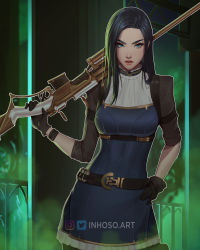 Rule 34 | 1girl, absurdres, arcane: league of legends, arcane caitlyn, belt, black gloves, black hair, blue dress, blue eyes, breasts, caitlyn (league of legends), chest strap, cowboy shot, dress, gloves, gun, hand on own hip, highres, inhoso, league of legends, long hair, looking at viewer, medium breasts, over shoulder, rifle, see-through silhouette, short dress, sleeves rolled up, solo, watermark, weapon, weapon over shoulder, web address