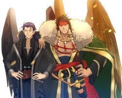 Rule 34 | 2boys, absurdres, arm on another&#039;s shoulder, bare pectorals, coat, earrings, feather earrings, feather necklace, feathers, fire emblem, fire emblem: radiant dawn, fur-trimmed coat, fur trim, hand on own hip, hands on own hips, headband, highres, jewelry, laguz (fire emblem), male focus, multiple boys, muscular, muscular male, naesala1063, naesala (fire emblem), necklace, nintendo, open clothes, open coat, pectorals, pointy ears, scar, scar on chest, scar on face, smile, tibarn (fire emblem), waist sash, white background, wings