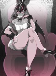 Rule 34 | 1girl, absurdres, akaisuto, animal ears, bare shoulders, bat ears, bat girl, breasts, brown long-eared bat (kemono friends), chair, cleavage, elbow gloves, extra ears, full body, gloves, highres, kemono friends, kemono friends v project, large breasts, leotard, long hair, looking at viewer, microphone, pantyhose, purple eyes, shoes, skirt, smile, solo, virtual youtuber