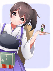 Rule 34 | 10s, 2girls, aviator cap, brown eyes, brown hair, fairy (kancolle), goggles, goggles on head, head tilt, holding, japanese clothes, kaga (kancolle), kantai collection, multiple girls, muneate, shiromisoaji, side ponytail, simple background, type 99 dive bomber