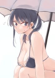 Rule 34 | 1girl, bad id, bad twitter id, beach umbrella, bikini, black bikini, black eyes, black hair, blush, breast rest, breasts, flying sweatdrops, hair over shoulder, highres, knees to chest, large breasts, leaning forward, looking away, original, rucchiifu, sagging breasts, simple background, sitting, solo, strap gap, sweatdrop, swimsuit, twintails, umbrella, white background