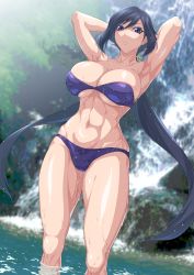 Rule 34 | 1girl, abs, armpits, arms behind head, ayame (gundam build divers), bikini, black hair, black mask, breasts, gundam, gundam build divers, hair ornament, highres, large breasts, long hair, looking at viewer, mask, mouth mask, ninja, ninja mask, outdoors, partially submerged, purple eyes, river, solo, split ponytail, swimsuit, thighs, upper body, very long hair, wet