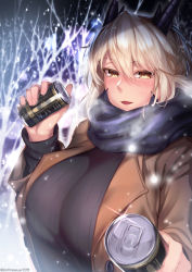 Rule 34 | 1girl, artoria pendragon (fate), artoria pendragon (lancer alter) (fate), black sweater, blonde hair, blush, braid, breasts, can, coat, coffee, fate/grand order, fate (series), highres, hirasawa seiji, horns, huge breasts, looking at viewer, open mouth, platinum blonde hair, ribbed sweater, scarf, smile, solo, sweater, upper body, winter, winter clothes, winter coat, yellow eyes