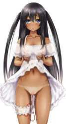 Rule 34 | 10s, 1girl, bad id, bad pixiv id, bikini tan, black hair, blue eyes, breasts, captain earth, chunyan, clothes lift, dakimakura (medium), dark-skinned female, dark skin, dress, dress lift, grass, long hair, looking at viewer, mutou hana, nipples, pussy, pussy juice, see-through, sex toy, solo, standing, tan, tanline, thighhighs, twintails, uncensored, vibrator, vibrator in thighhighs