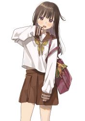 Rule 34 | 1girl, absurdres, bag, bag charm, blush, brown eyes, brown hair, brown neckerchief, brown sailor collar, brown skirt, charm (object), commentary request, fingernails, hand up, highres, long hair, long sleeves, looking at viewer, nail polish, neckerchief, open mouth, original, pleated skirt, pomu (joynet), purple nails, sailor collar, school bag, shirt, simple background, skirt, sleeves past wrists, solo, tears, wavy mouth, white background, white shirt, white sleeves