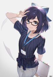 Rule 34 | 1girl, a-chan (hololive), arm up, arms behind back, black-framed eyewear, blue bow, blue eyes, blue hair, blue shirt, bow, breasts, closed mouth, collarbone, commentary, copyright name, cowboy shot, folder, glasses, gradient background, grey background, hair bow, highres, holding, holding folder, hololive, id card, jun wei, lanyard, long sleeves, looking at viewer, no jacket, official alternate costume, pants, paper, parted bangs, shirt, short hair, short sleeves, signature, simple background, small breasts, smile, solo, striped clothes, striped shirt, v, vertical-striped clothes, vertical-striped shirt, virtual youtuber, white pants
