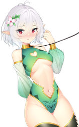 Rule 34 | 1girl, :o, absurdres, antenna hair, black thighhighs, blush, breasts, commentary request, detached sleeves, flower, hair between eyes, hair flower, hair ornament, hand up, highres, kokkoro (princess connect!), leash, looking at viewer, medium breasts, navel, pointy ears, princess connect!, short hair, simple background, slave, solo, thighhighs, thighs, underboob, viewer holding leash, white background, white hair, wu yao jun