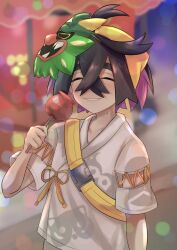 Rule 34 | 1boy, aritsune01, black hair, blurry, blurry background, blush, bokeh, candy apple, closed eyes, commentary request, creatures (company), crossed bangs, depth of field, festival, food, game freak, hair between eyes, hairband, happy, highres, holding, kieran (pokemon), male focus, mask, mask on head, mole, mole on neck, nintendo, pokemon, pokemon sv, shirt, short hair, short sleeves, smile, solo, strap, white shirt, yellow hairband