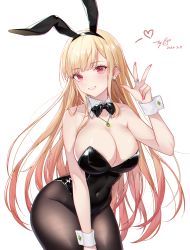 Rule 34 | 1girl, absurdres, animal ears, artist request, black bow, black bowtie, black leotard, black pantyhose, blonde hair, bow, bowtie, breasts, cleavage, cowboy shot, detached collar, highres, huge breasts, jewelry, kitagawa marin, leaning forward, leotard, long hair, looking at viewer, necklace, pantyhose, playboy bunny, rabbit ears, red eyes, simple background, solo, sono bisque doll wa koi wo suru, strapless, strapless leotard, tujiu sama, v, white background, wrist cuffs