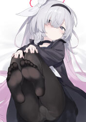 Rule 34 | 1girl, :/, absurdres, bed sheet, black choker, black coat, black eyes, black hairband, black pantyhose, blue archive, blush, bow, braid, choker, closed mouth, coat, colored inner hair, commentary request, feet, feet up, foot focus, from above, grey hair, hair bow, hair over one eye, hairband, halo, hands on own knees, highres, long hair, long sleeves, looking at viewer, lying, multicolored hair, neckerchief, no shoes, on back, panties, panties under pantyhose, pantyhose, pantyshot, pink hair, plana (blue archive), red halo, sh (shinh), side braid, single braid, soles, solo, toes, two-tone hair, underwear, very long hair, white bow, white neckerchief