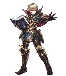 Rule 34 | 1boy, armor, armored boots, blonde hair, book, boots, cape, fire emblem, fire emblem fates, fire emblem heroes, full body, gloves, hairband, highres, hino shinnosuke, leo (fire emblem), male focus, nintendo, official art, red eyes, solo, teeth, transparent background