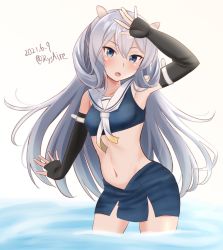 Rule 34 | 1girl, ame-san, black gloves, blue skirt, commentary request, cowboy shot, crop top, elbow gloves, fake horns, fingerless gloves, gloves, gradient neckwear, grey eyes, headgear, highres, horned headwear, horns, i-203 (kancolle), kantai collection, looking at viewer, midriff, pencil skirt, sailor collar, silver hair, skirt, soaking feet, solo, standing, wading, water, white neckwear, white sailor collar