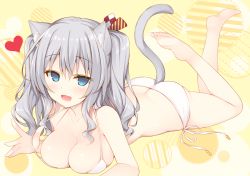 Rule 34 | 10s, 1girl, animal ears, ass, bikini, blue eyes, breast press, breasts, butt crack, cat ears, cat tail, cleavage, kantai collection, kashima (kancolle), kemonomimi mode, large breasts, lying, miko (royal milk), on stomach, open mouth, silver hair, solo, swimsuit, tail, twintails, wavy hair, yellow background