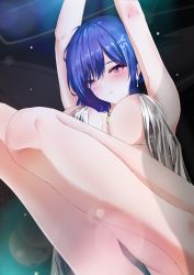Rule 34 | 1girl, absurdres, arms up, azur lane, backless dress, backless outfit, bare shoulders, blue hair, blush, breasts, cleavage, commentary request, dress, earrings, evening gown, from below, grey dress, haifong, hair between eyes, hair ornament, hairclip, halter dress, halterneck, highres, jewelry, large breasts, necklace, parted lips, pink eyes, plunging neckline, revealing clothes, side ponytail, sidelocks, silver dress, solo, st. louis (azur lane), st. louis (luxurious wheels) (azur lane), thighs