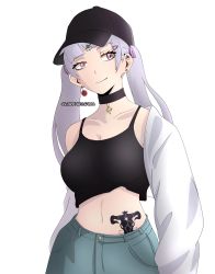 Rule 34 | 1girl, alternate universe, black clover, casual, choker, hat, highres, long hair, looking to the side, midriff, noelle silva, pink eyes, shirt, short shirt, silver hair, tattoo, twintails, watermark, white background