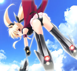 Rule 34 | 00s, 1girl, animal ears, arm strap, armor, bardiche (axe form) (nanoha), bardiche (nanoha), bare shoulders, belt bra, bent over, black gloves, black panties, blonde hair, blush, breasts, buckle, cameltoe, cape, cat ears, cat tail, cloud, day, dutch angle, fate testarossa, floating hair, flying, from behind, full body, gloves, greaves, hair between eyes, halberd, holding, holding weapon, kemonomimi mode, legs apart, lens flare, leotard, long hair, looking at viewer, looking back, lyrical nanoha, magical girl, mahou shoujo lyrical nanoha, mahou shoujo lyrical nanoha a&#039;s, miniskirt, outdoors, panties, pleated skirt, polearm, red eyes, ribbon, sdwing, sidelocks, skirt, sky, small breasts, solo, strike witches, striker unit, sun, tail, thighhighs, thrusters, twintails, underwear, upskirt, very long hair, weapon, world witches series