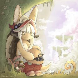 Rule 34 | 1other, :3, ambiguous gender, animal ears, artist name, bad id, bad twitter id, closed mouth, day, furry, kawasemi27, long hair, looking away, made in abyss, nanachi (made in abyss), outdoors, sitting, smile, solo, tail, twitter username, white hair, yellow eyes