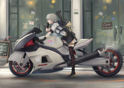Rule 34 | black footwear, black gloves, black skirt, black thighhighs, blouse, blurry, boots, cafe, day, depth of field, dinergate (girls&#039; frontline), dress, girls&#039; frontline, gloves, gun, gun sling, high heel boots, high heels, highres, machine gun, motor vehicle, motorcycle, outdoors, phone, scenery, shirt, skirt, solo, talking on phone, thigh strap, thighhighs, vector (girls&#039; frontline), weapon, white dress, white hair, white shirt, xyufsky, yellow eyes