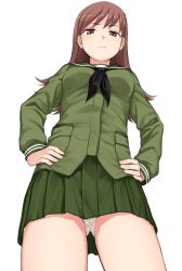 Rule 34 | 1girl, black neckerchief, breasts, brown eyes, brown hair, closed mouth, from below, frown, green serafuku, green skirt, hands on own hips, highres, kantai collection, kumadano, long hair, long sleeves, medium breasts, neckerchief, ooi (kancolle), panties, pantyshot, pleated skirt, sailor collar, school uniform, serafuku, simple background, skirt, solo, underwear, white background, white panties