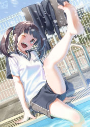 Rule 34 | 1girl, ;d, arm support, artist logo, artist name, bare legs, barefoot, black hair, black shorts, blush, bra, breasts, brown eyes, clothes writing, commentary request, day, dutch angle, feet, fence, gym shirt, gym shorts, gym uniform, head tilt, highres, leg up, long hair, looking at viewer, motion blur, one eye closed, open mouth, original, outdoors, pairan, pool, pool ladder, poolside, see-through, shirt, short sleeves, shorts, sitting, small breasts, smile, soles, solo, splashing, teeth, twintails, underwear, upper teeth only, water, wet, wet clothes, wet shirt