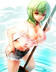 Rule 34 | 1girl, ass, bra, breasts, broom, butt crack, crop top, downpants, female focus, flower, flower necklace, flower ornament, gradient background, green hair, hand on own hip, huge breasts, jewelry, kazami yuuka, legs, looking at viewer, nagare, navel, necklace, parted lips, red bra, red eyes, see-through, short hair, short shorts, short sleeves, shorts, solo, touhou, underwear, water, wet, wet clothes