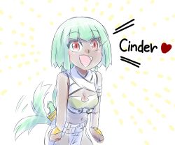 Rule 34 | 1girl, breasts, cleavage, commentary, emerald sustrai, english text, green hair, iesupa, navel, red eyes, rwby, short hair with long locks, small breasts, solo, tail, tail wagging, translation request
