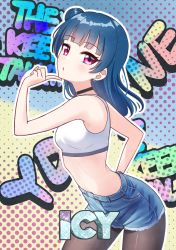 Rule 34 | 1girl, bare arms, bare shoulders, black choker, black pantyhose, blue hair, blue shorts, blush, breasts, choker, crop top, deadnooodles, earrings, hair bun, hand up, highres, index finger raised, jewelry, leaning forward, pantyhose under shorts, long hair, love live!, love live! sunshine!!, midriff, navel, outline, pantyhose, parted lips, red eyes, short shorts, shorts, single hair bun, small breasts, solo, tsushima yoshiko, white outline