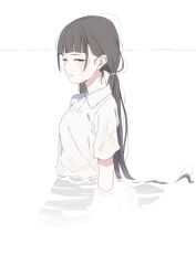 Rule 34 | 1girl, black eyes, black hair, blunt bangs, breasts, half-closed eyes, highres, long hair, looking at viewer, natuich, original, parted lips, partially submerged, shirt, solo, twintails, wet, wet clothes, wet shirt