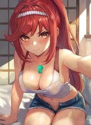 Rule 34 | 1girl, alternate costume, bare shoulders, blue shorts, blush, breasts, cardigan, casual, chest jewel, cleavage, closed mouth, collarbone, commentary, crop top, denim, denim shorts, glaring, glimmer (xenoblade), highres, indoors, large breasts, leaning forward, leonmandala, long hair, looking at viewer, midriff, navel, open cardigan, open clothes, orange eyes, outstretched arm, ponytail, red hair, selfie, shirt, short shorts, shorts, sitting, solo, symbol-only commentary, tank top, v-shaped eyebrows, very long hair, white shirt, xenoblade chronicles (series), xenoblade chronicles 3, xenoblade chronicles 3: future redeemed