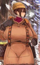 Rule 34 | 1girl, beanie, breasts, bright pupils, brown hair, chichi8181, double-parted bangs, forest, gloves, hair between eyes, hat, highres, huge breasts, long hair, nature, original, outdoors, pink lips, red eyes, sidelocks, snow, solo, standing, sweater, takanashi akiho (chichi8181), turtleneck, turtleneck sweater, white pupils, winter clothes
