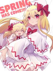 Rule 34 | 2girls, blonde hair, blush, capelet, closed eyes, closed mouth, dress, dual persona, fairy, fairy wings, hair between eyes, hat, highres, lily white, long hair, long sleeves, multiple girls, one-hour drawing challenge, open mouth, red eyes, smile, touhou, unime seaflower, white capelet, white dress, white headwear, wide sleeves, wings